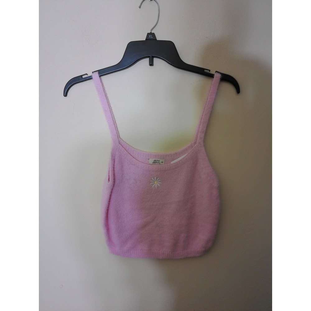 Ardene Knit Camisole Women Small Pink Y2K Daisy Embroidered Fuzzy Crop Top